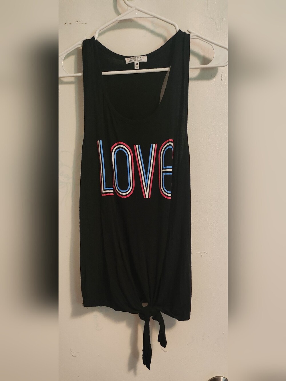 "Messy Bun Just Chillin" Black 'LOVE' Tie-Hem Tank Top